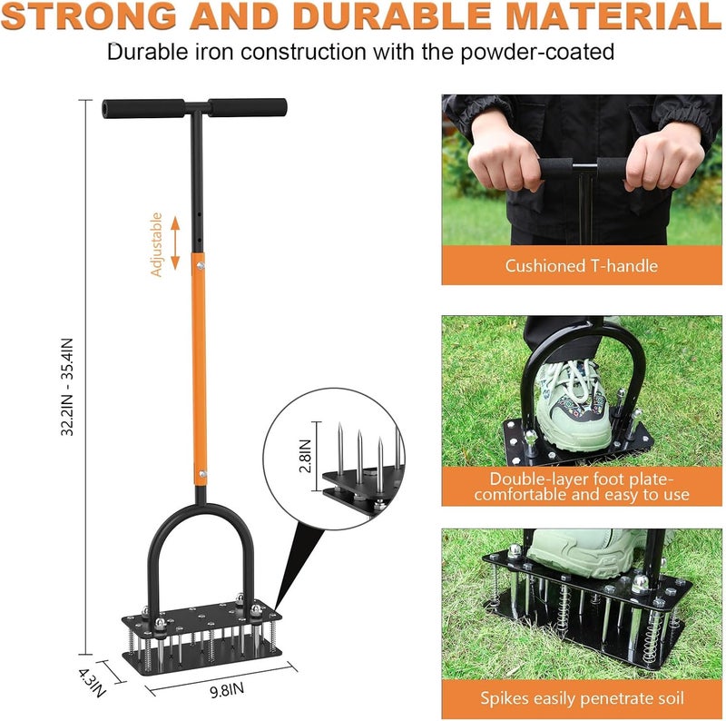 GAINO Lawn Aerator & Aerator Lawn Tool - Manual Yard Aerator for Lawn with 15 Spikes, Automatic Dirt and Leaf Clean Design, Adjustable T-Handle, Pre-Assembled Lawn Aerator Tools (Black + Orange) - Image 2